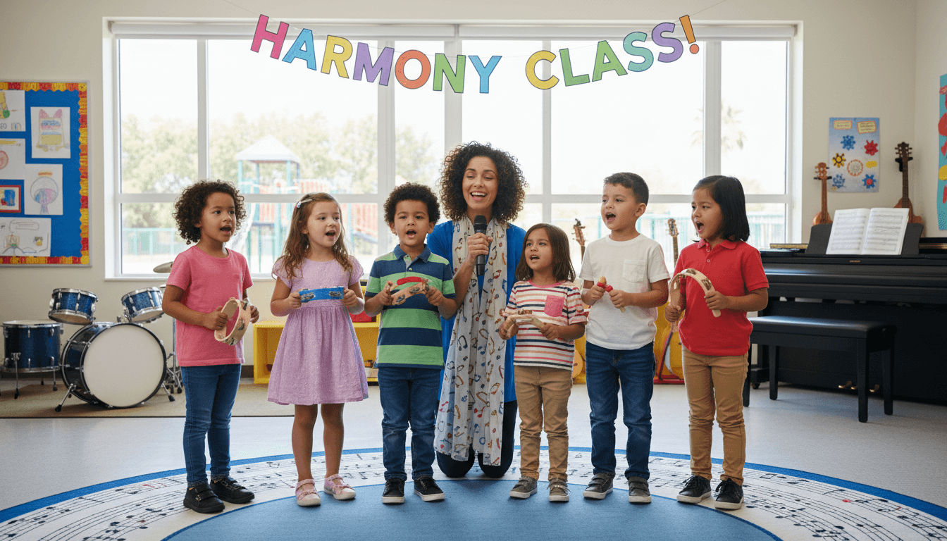 A teacher singing with a small group of children
