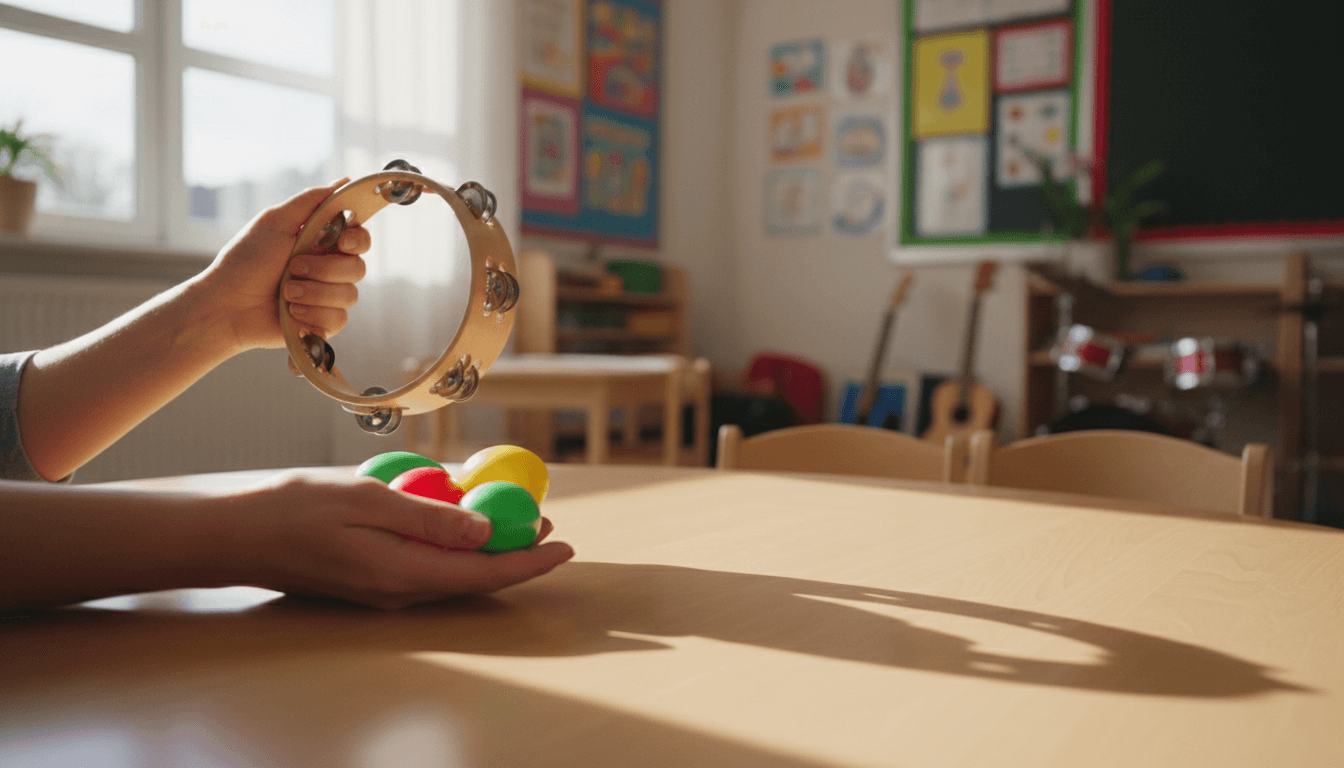 Hands holding colorful percussion instruments on a wooden table in a bright classroom
