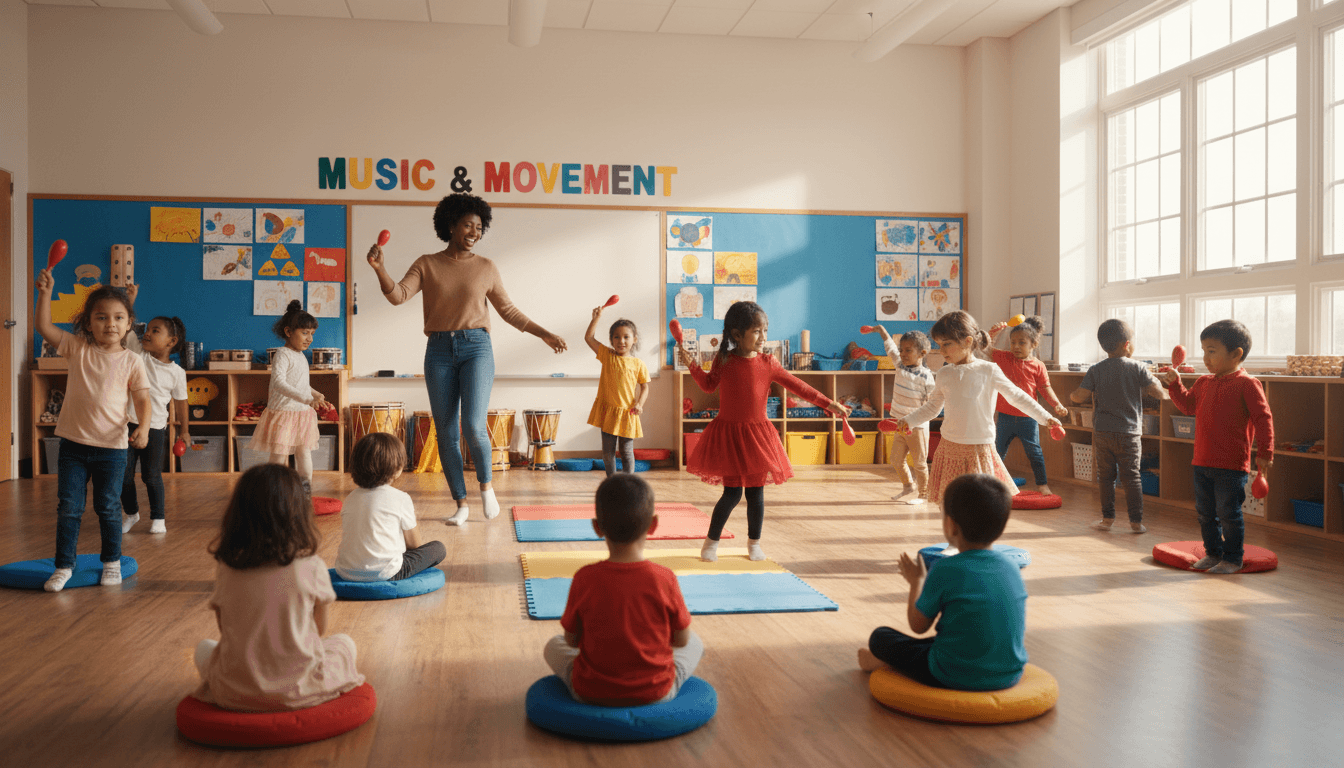Diverse group of preschoolers dancing and playing instruments in a bright, light-filled classroom during a music and movement session