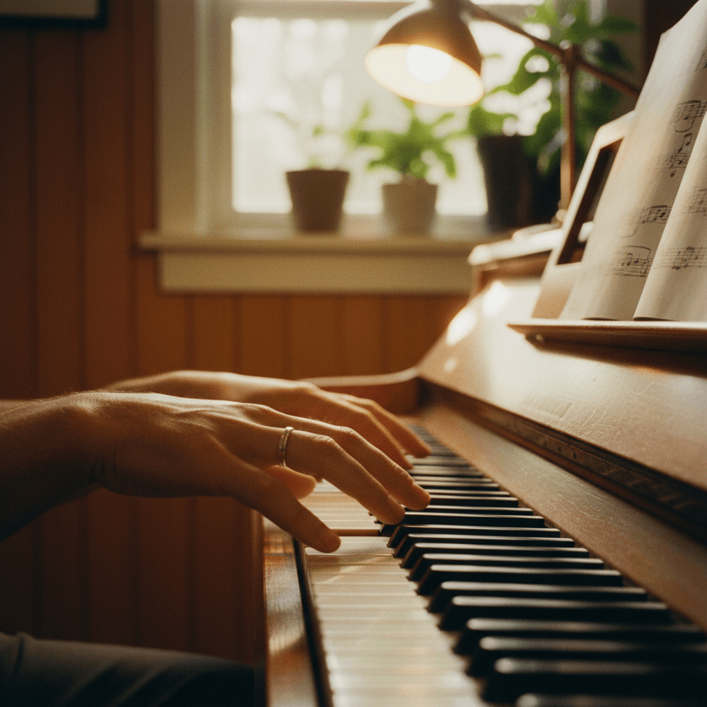 Musician's hands delicately positioned on vintage piano keys in warm golden studio light