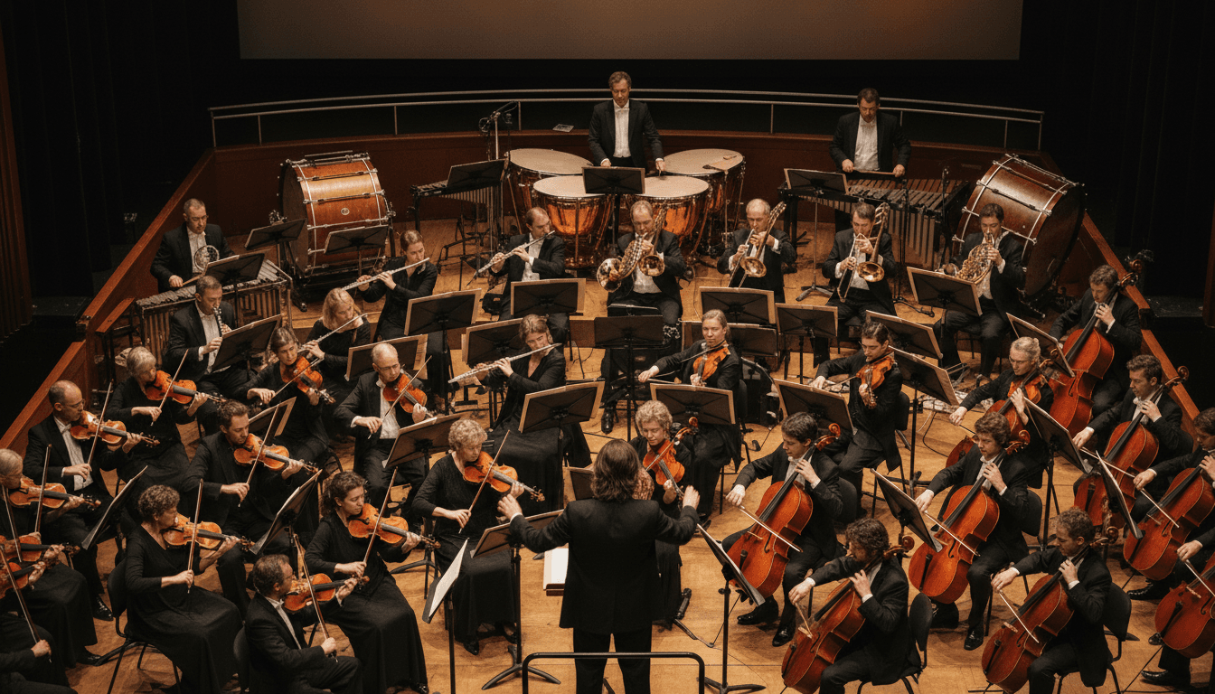 Diverse orchestra ensemble performing in pit with various instruments, sheet music, and formal attire under theatrical lighting during live performance