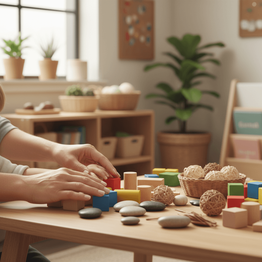 Caregiver's hands guiding toddler's hands with wooden blocks and learning toys in natural light