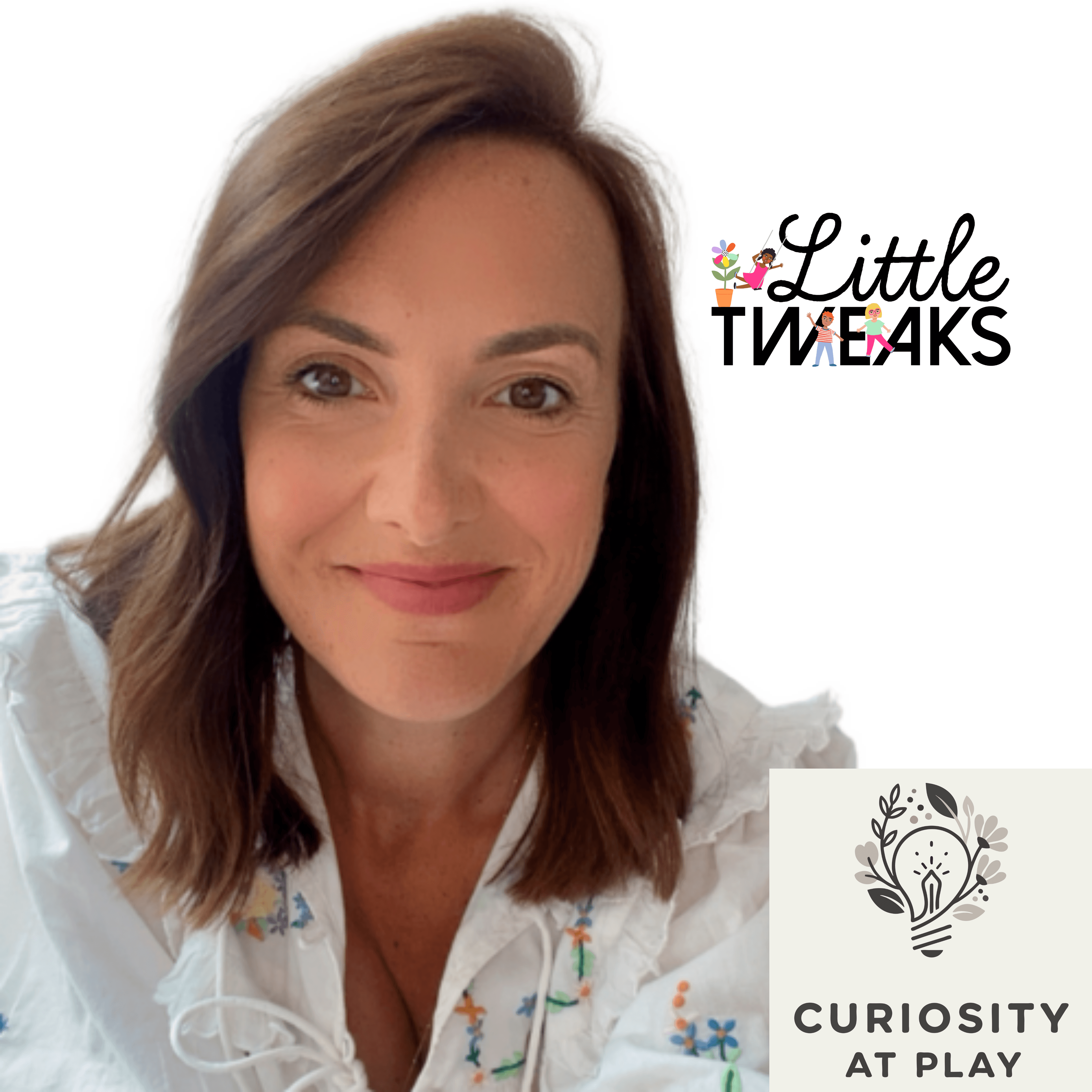 Smiling woman in white floral blouse with Little Tweaks and Curiosity at Play brand logos.