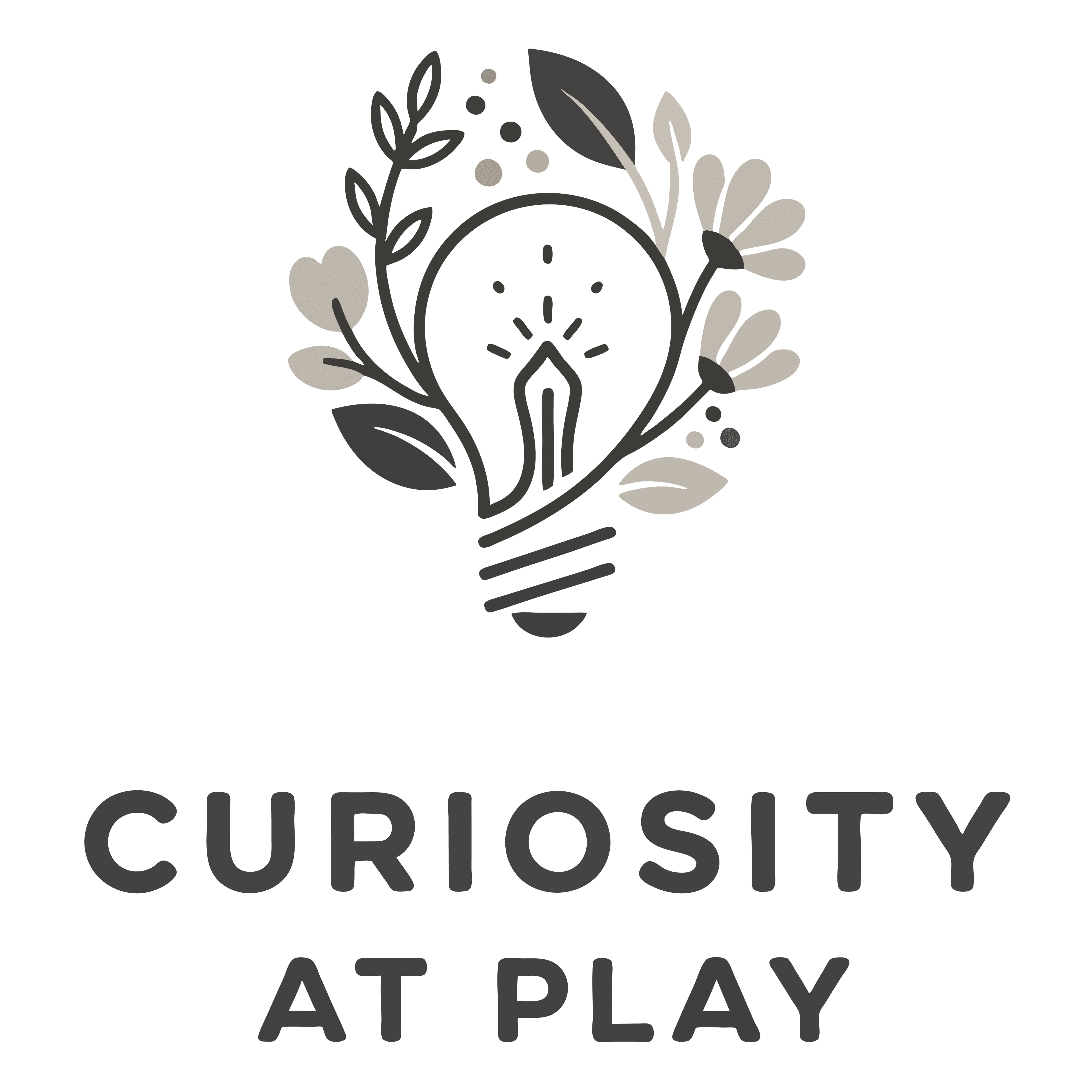 Lightbulb with a pen nib filament and floral accents above text CURIOSITY AT PLAY.